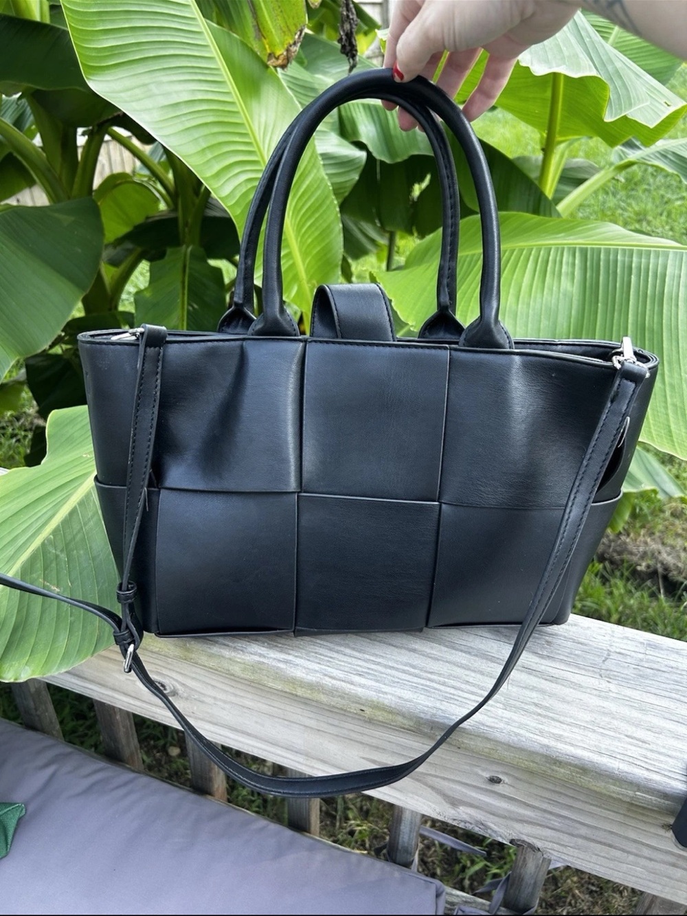 Vtg Worthington woven square Leather tote bag black Made Cambodia 10x12 In Cute